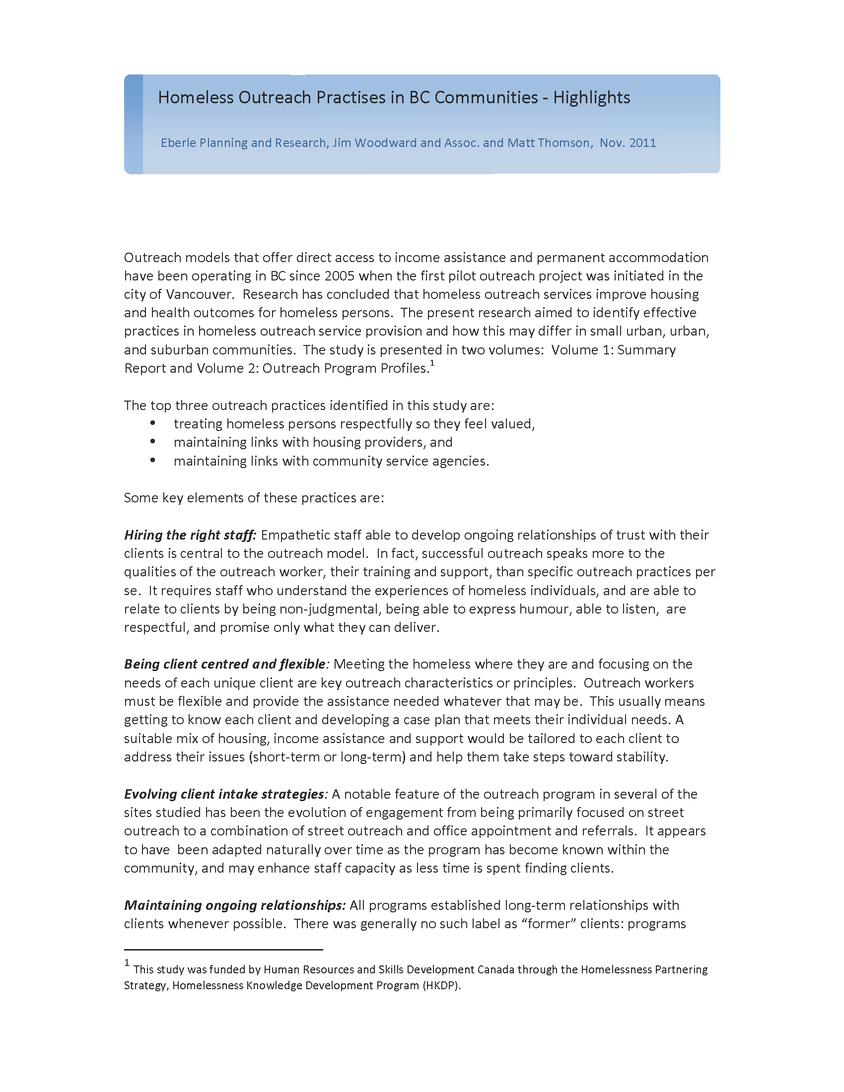 Homeless Outreach Practises in BC Communities Highlights Research