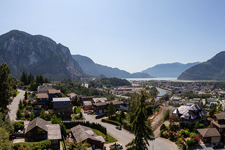 View of houses amongst mountains and lakes