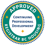 A green, circular logo that reads "Continual Professional Development, BC Housing Registrar Approved."