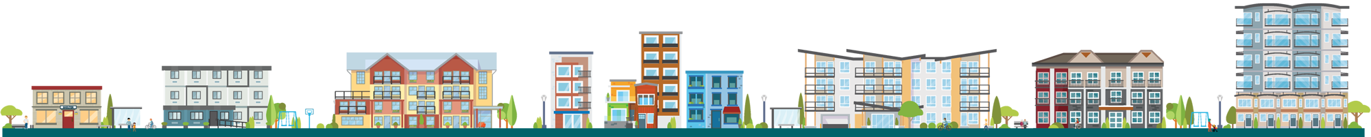 A series of housing types in a row, from shelters to apartment buildings.