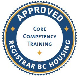 A circular logo that reads "Core Competency Training, Approved, Registrar BC Housing"