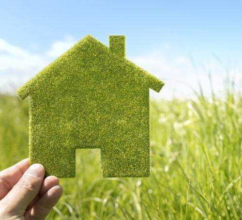 A person holds up a house-shaped piece of grass.