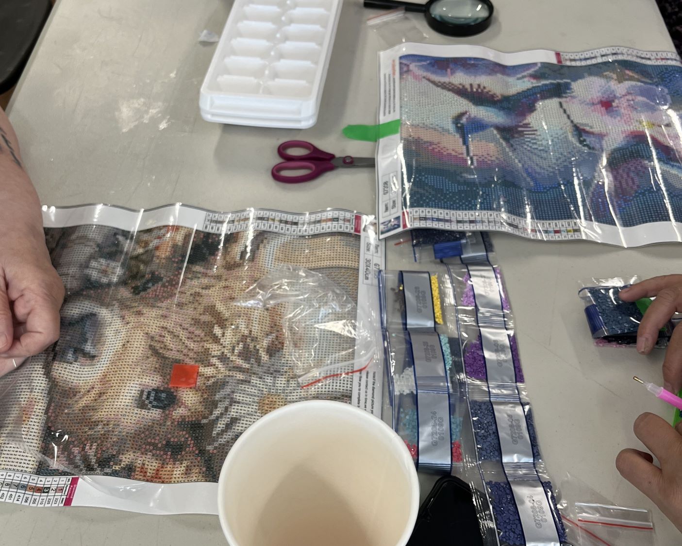 Table set up for a craft activity with diamond painting sheets, small packets of coloured gems, scissors, and tools spread out, with people’s hands working on the projects.