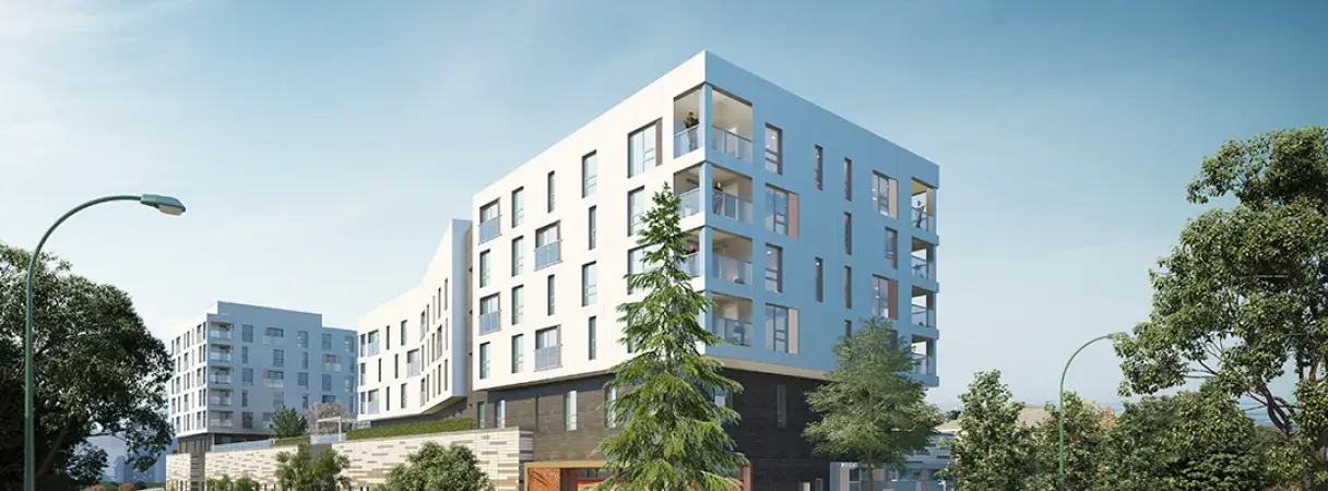 A modern mid-rise apartment building rendering on a sunny street corner with trees, cars, and a few pedestrians.