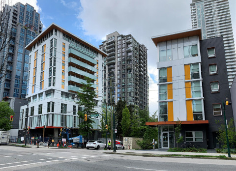 Modern, bright 10-storey building at 1280 Seymour Street. Beside it, a similarly designed but smaller five-storey building at 1302 Seymour Street.