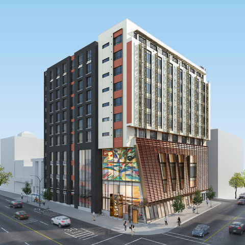 Rendering of a high-rise apartment building with unique architecture, stained glass windows, and multiple Indigenous-style artworks displayed on the exterior.