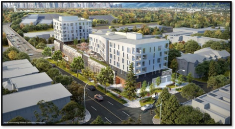 Aerial rendering of a modern multi-use development in Vancouver, featuring two residential buildings surrounded by green spaces and urban infrastructure.