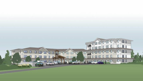 Rendering of a large white building with a multi-storey section.