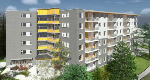 Rendering of a six-storey apartment building with a flat roof, in grey, white, and yellow tones, surrounded by green trees and walking paths.
