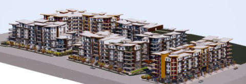Rendering of a large residential complex with multiple interconnected buildings, featuring diverse facades in shades of brown, beige, and red.