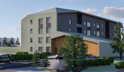 Rendering of a multi-storey building with unique architecture, featuring a deep green roof that connects seamlessly to the wall.