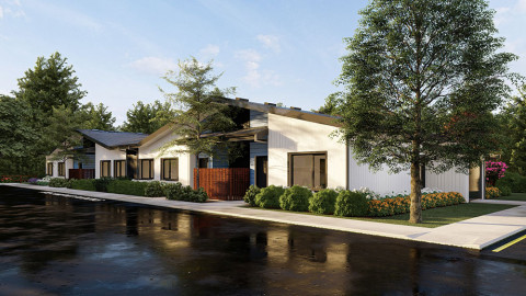 Rendering of two white single-storey buildings with dark gable roofs.