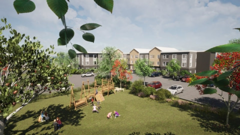 Rendering of an apartment complex on a clear day with a playground in the foreground.