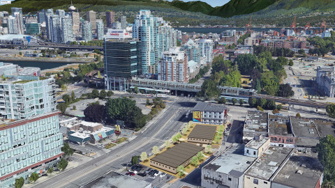 Aerial rendering of 1500 Main Street in downtown Vancouver.