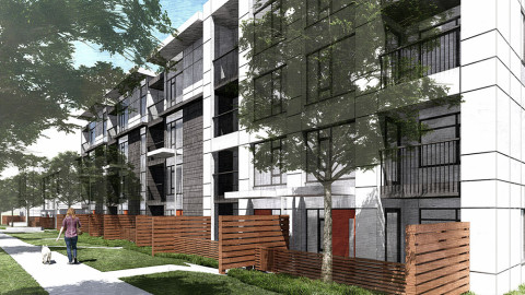 Rendering of a sunny, tree-lined street with a new modern four-storey apartment building.