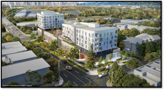 Aerial rendering of a modern multi-use development in Vancouver, featuring two residential buildings surrounded by green spaces and urban infrastructure.