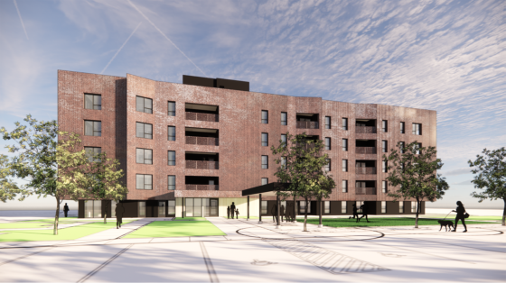 Rendering of a five-storey brown brick building situated near trees and sidewalks.