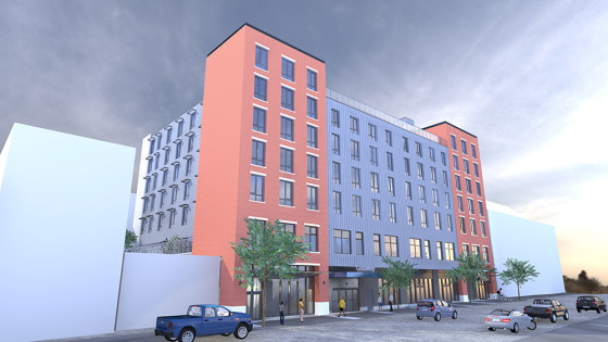 Rendering of a modern seven-storey building.
