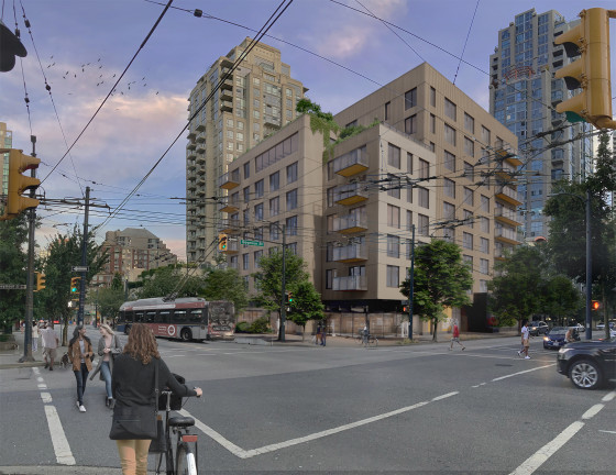 Rendering of a uniquely styled multi-storey building with rooftop greenery.