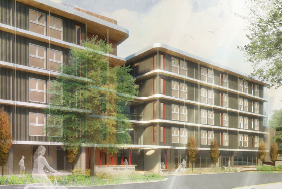 Rendering of a multi-storey apartment building surrounded by lush greenery.