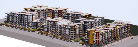 Rendering of a large residential complex with multiple interconnected buildings, featuring diverse facades in shades of brown, beige, and red.