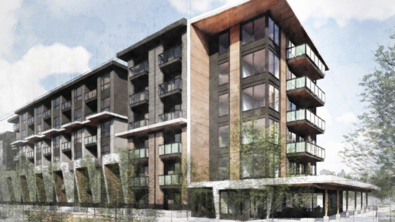 Watercolour rendering of a six-storey building.