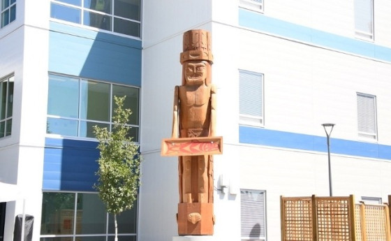 A wooden pole, shaped like a man, stands in front of a new, modern building that is blue and white.