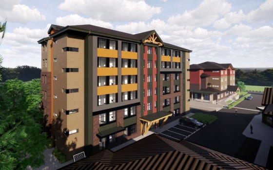 Rendering of a six-storey, wood-frame supportive housing building at 31250 King Road in Abbotsford.