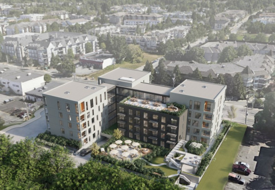 Rendering, aerial view of three mid-size apartment buildings.