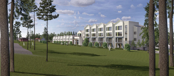 Rendering of 7 white townhouses in a row followed by a 4 storey white apartment building