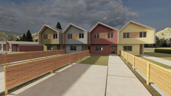 Rendering of four colourful homes with peaked roofs, linked together under a sunny blue sky.