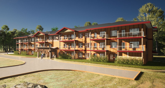 Rendering of a 3 storey apartment building with beige siding and red trimming.