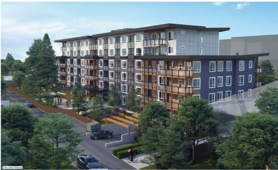 Rendering of a six-storey apartment building at 823–841 Sixth Street in New Westminster.