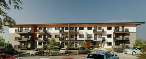Rendering of a three-storey long apartment building with cars parked and people mingling in the parking lot in front.