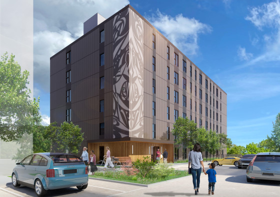 Rendering of a brown multi-storey building with Indigenous art painted along the edges of two sides.