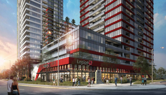 Rendering of the Legion two-tower glass high-rise, shining on a busy city corner.