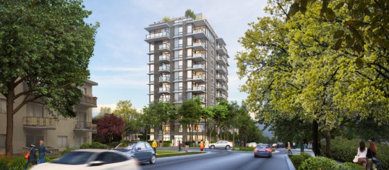 Rendering of a sunny, tree-lined street with a new 12-storey apartment building.