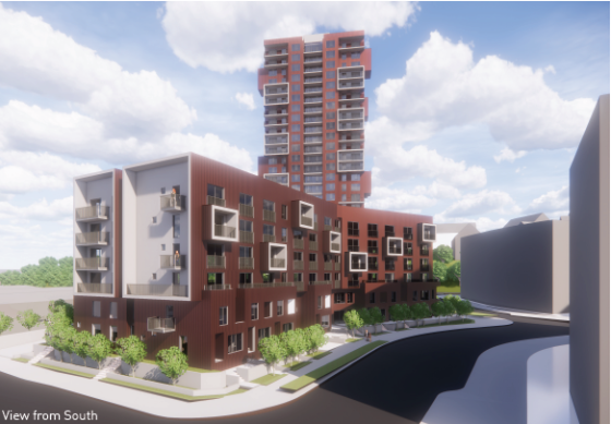 Rendering of both the six-storey and 26-storey apartment buildings at 3338 Sawmill Crescent.