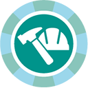 A green and blue icon with a hammer and a hardhat.