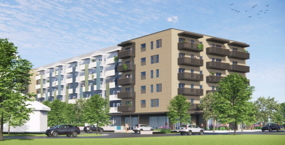Rendering corner lot view of 6-storey apartment building ringed with trees