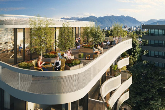 Rendering of the rooftop patio of a multi-storey apartment building, with many people on the balconies visiting and lounging.