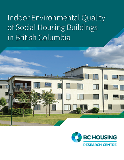 Document cover for Indoor Environmental Quality of Social Housing Buildings in British Columbia report, with a modular housing building against a blue sky