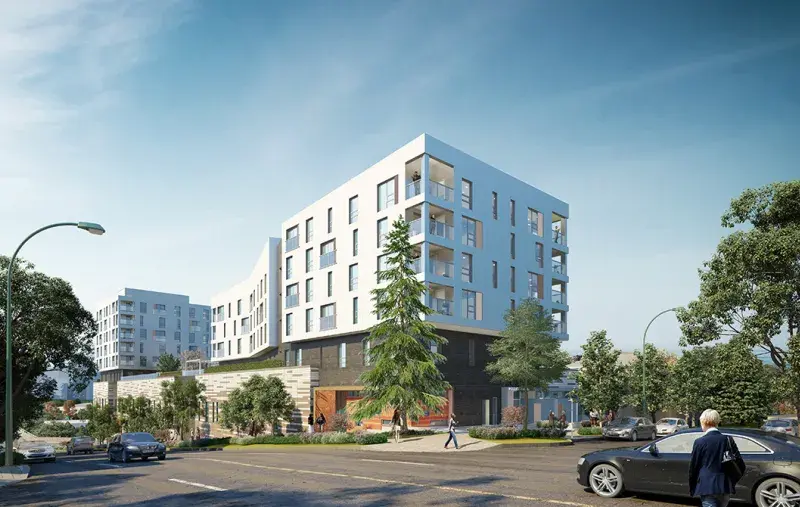 A modern mid-rise apartment building rendering on a sunny street corner with trees, cars, and a few pedestrians.