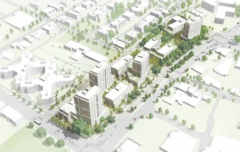 Aerial rendering of a proposed multi‑building housing development with several mid‑rise towers, tree‑lined pathways, and green spaces integrated into an urban neighbourhood