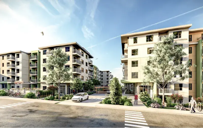 Illustrative building design with six storeys. Street view with two light colour buildings.