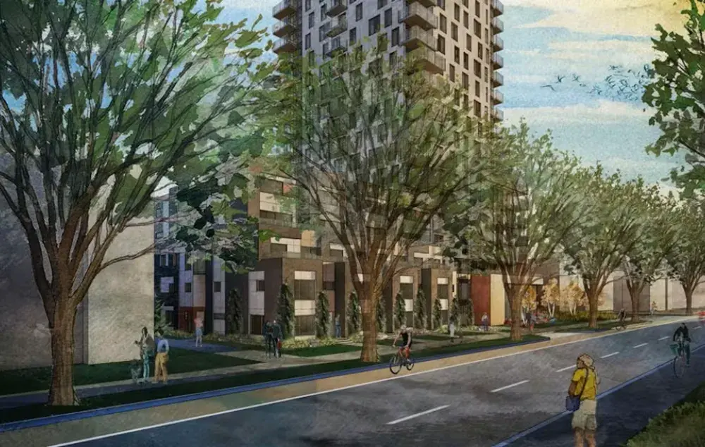A drawing of a tall apartment building next to smaller townhomes. Street view with trees in front.