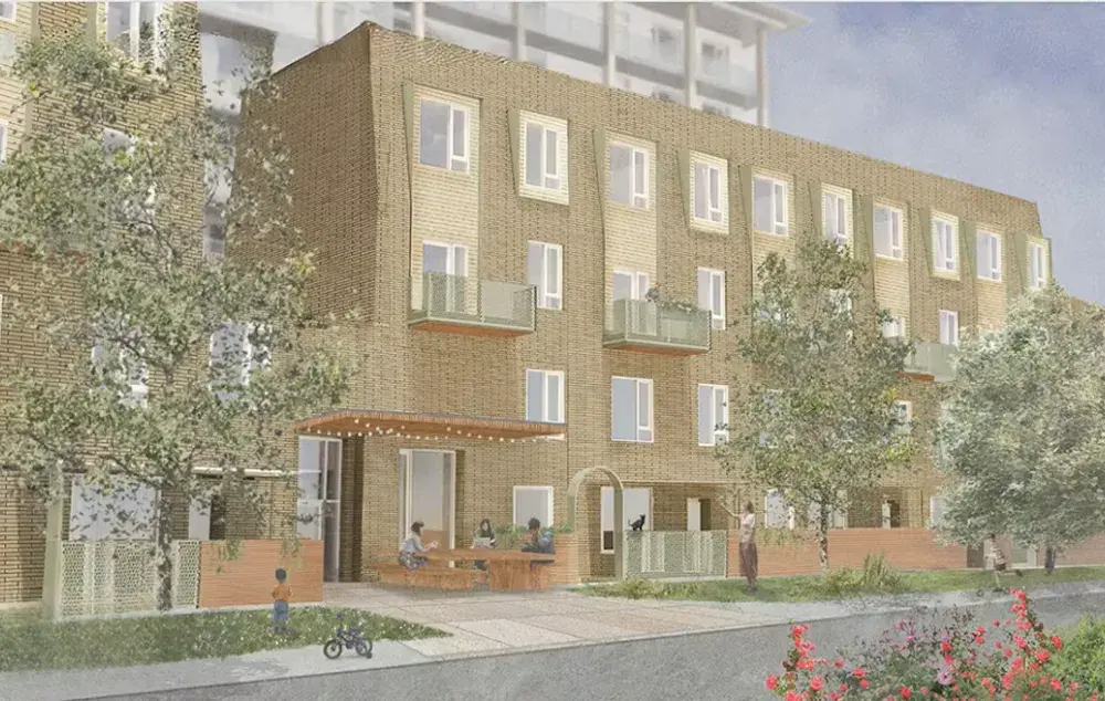 A drawing of new apartment buildings with trees around them and people walking on the paths.