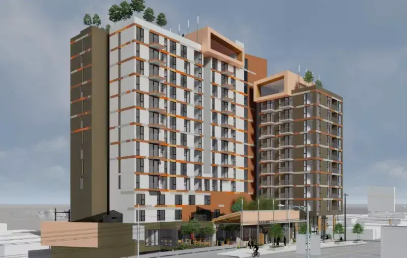 Drawing of mult-storey apartment building. Street view with trees, people and street lamps.