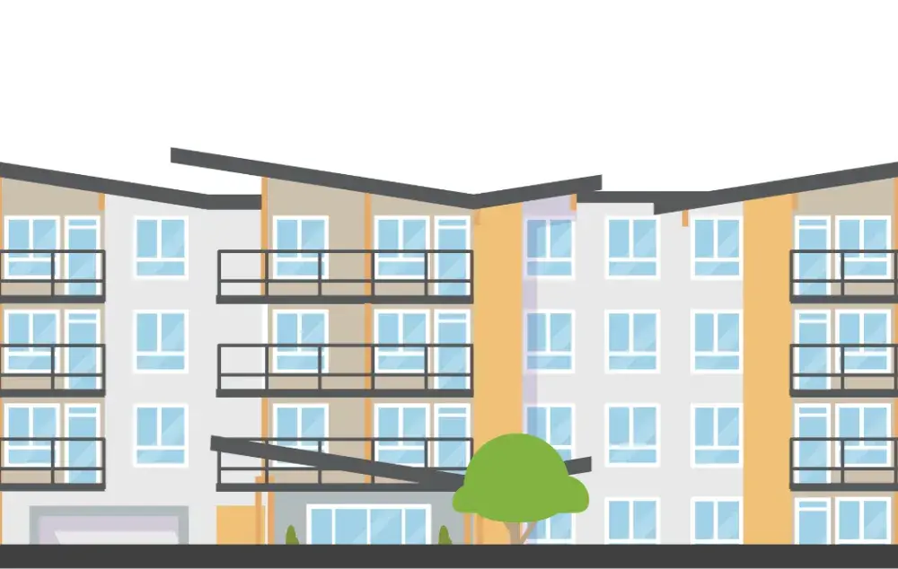 Illustrative building design with five storeys. Street view with decks and trees.