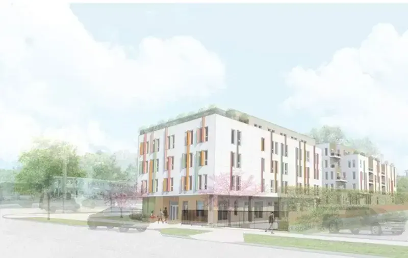 Architectural rendering of a four-storey apartment building with landscaped grounds, sidewalks, and people walking along a corner street.